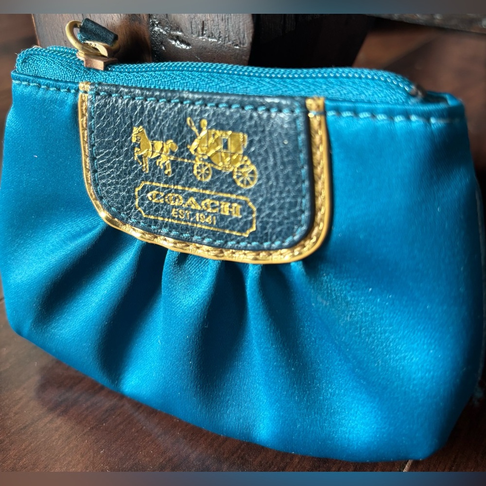 Coach Amanda Teal Satin Mini Skinny Zip Coin Purse - Picture 2 of 8